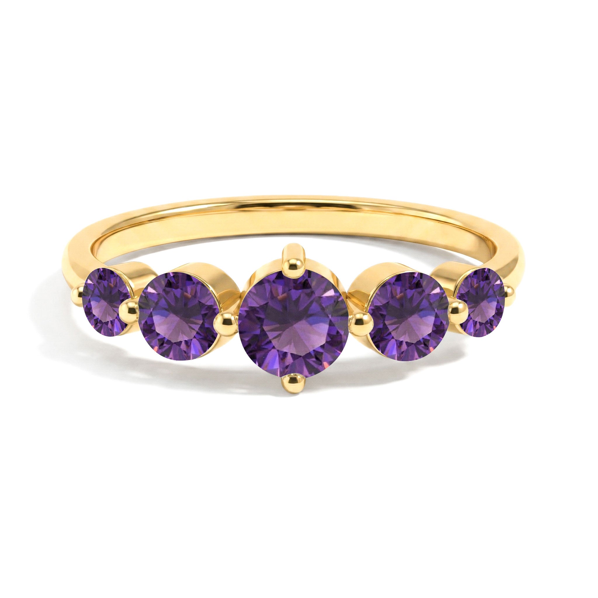 natural amethyst five gemstone ring, handcrafted luxury jewelry, sterling silver polished finish, yellow gold filled premium band, brilliant round gemstone setting, feminine elegant accessory, artisan birthstone jewelry, vibrant violet sparkle, classic anniversary ring, stackable fashion design, refined handcrafted craftsmanship, everyday luxury jewelry, meaningful keepsake accessory, sophisticated gemstone ring, timeless purple elegance