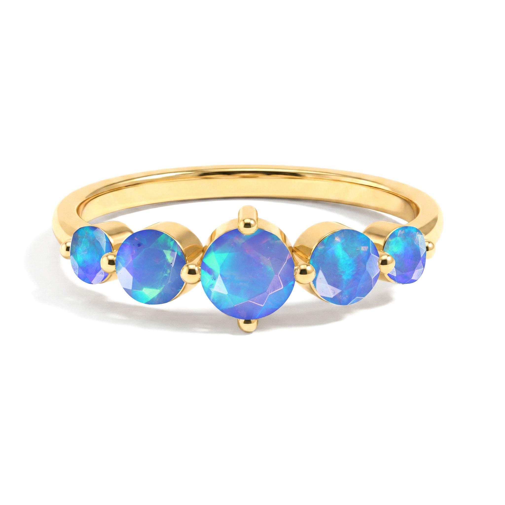blue opal anniversary ring, natural gemstone jewelry, handcrafted sterling silver accessory, yellow gold filled elegant jewelry, luminous round opals, artisan five stone ring, luxury women's fashion, premium gemstone ring, polished handcrafted craftsmanship, birthday gift for her, refined classic jewelry, timeless gemstone accessory, elegant statement ring, feminine jewelry, everyday sophistication