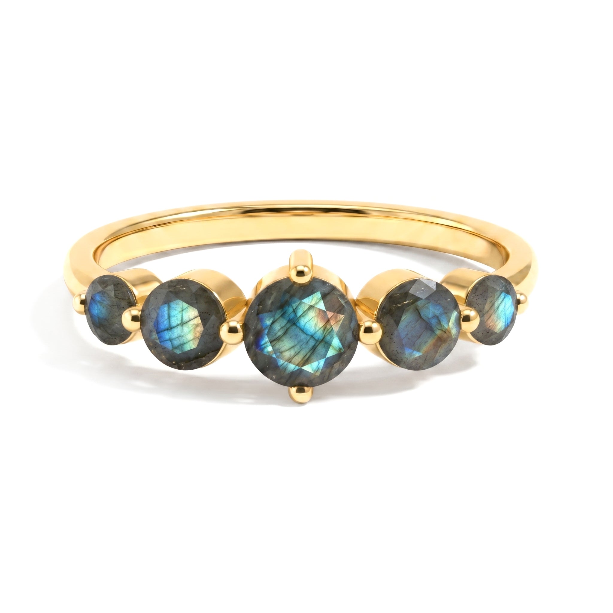 natural labradorite five stone band, handcrafted fine jewelry, faceted round gemstone ring, sterling silver artisan craftsmanship, yellow gold filled luxury ring, elegant stacking accessory, blue flash gemstone design, women's anniversary jewelry, polished contemporary band, premium handmade gemstone gift, timeless fashion ring, everyday elegance, designer jewelry piece, artisan luxury accessory, statement gemstone band