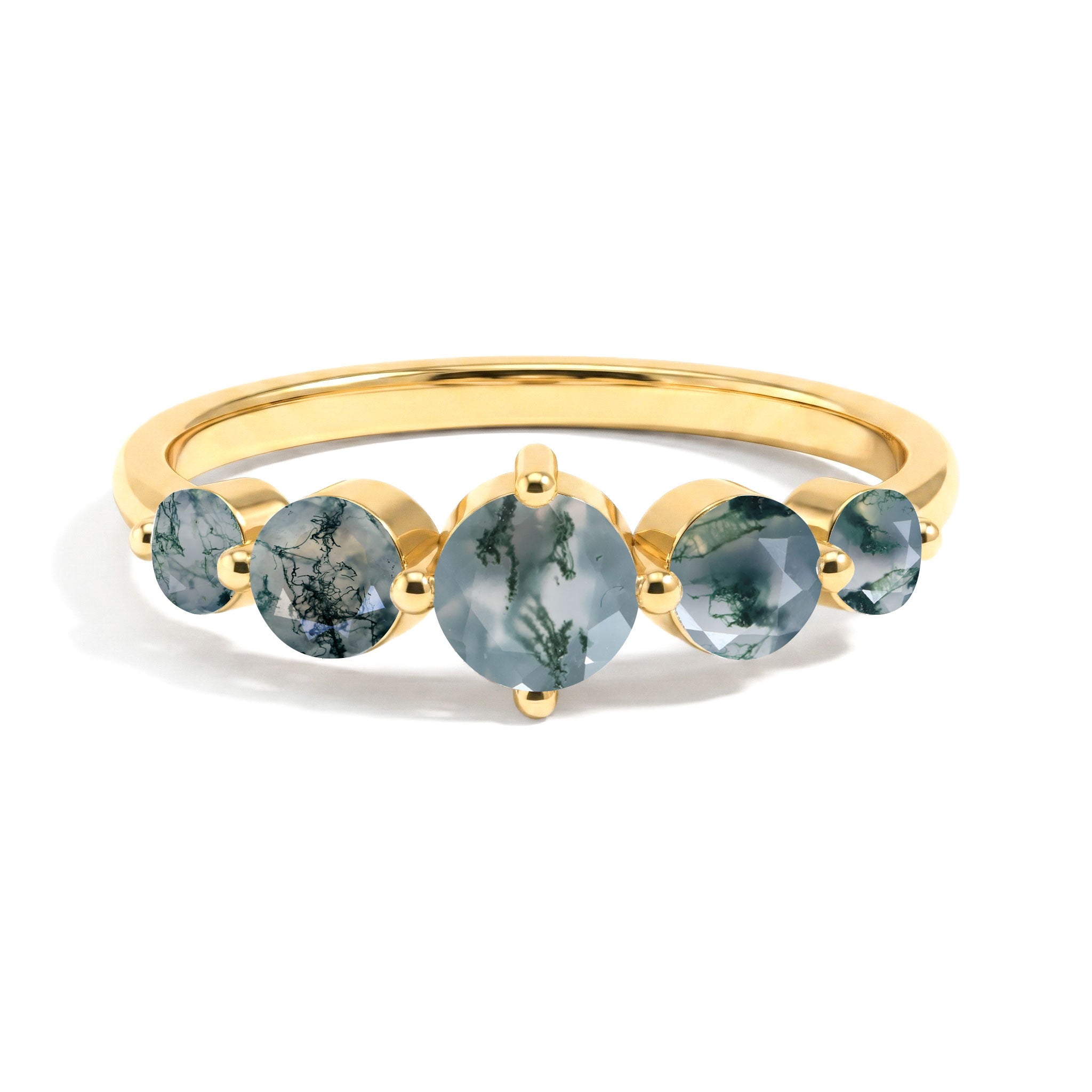 natural moss agate five stone ring, round green gemstone jewelry, handcrafted luxury craftsmanship, sterling silver jewelry design, yellow gold filled elegant finish, polished gemstone prong setting, anniversary gift for women, botanical inspired jewelry, artisan fine jewelry, premium gemstone quality, timeless elegance, refined natural beauty, sophisticated fashion accessory, unique woodland jewelry, everyday luxury