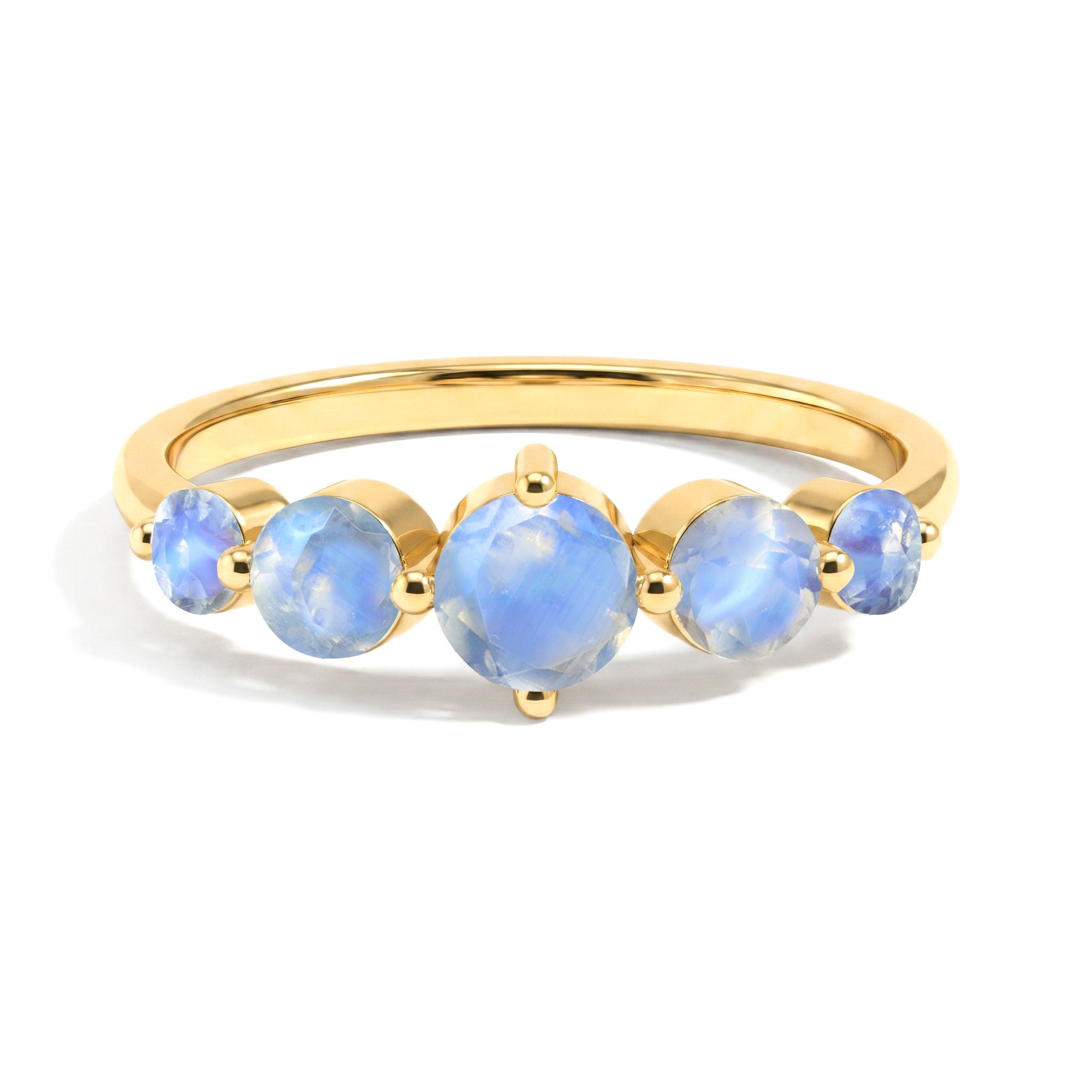 natural moonstone anniversary ring, handcrafted five stone setting, genuine round moonstones, sterling silver jewelry, yellow gold filled ring, artisan luxury craftsmanship, elegant stacking ring, June birthstone accessory, polished gemstone ring, bridal fashion jewelry, premium handmade design, women's statement ring, timeless elegance, minimalist fine jewelry, sophisticated gift