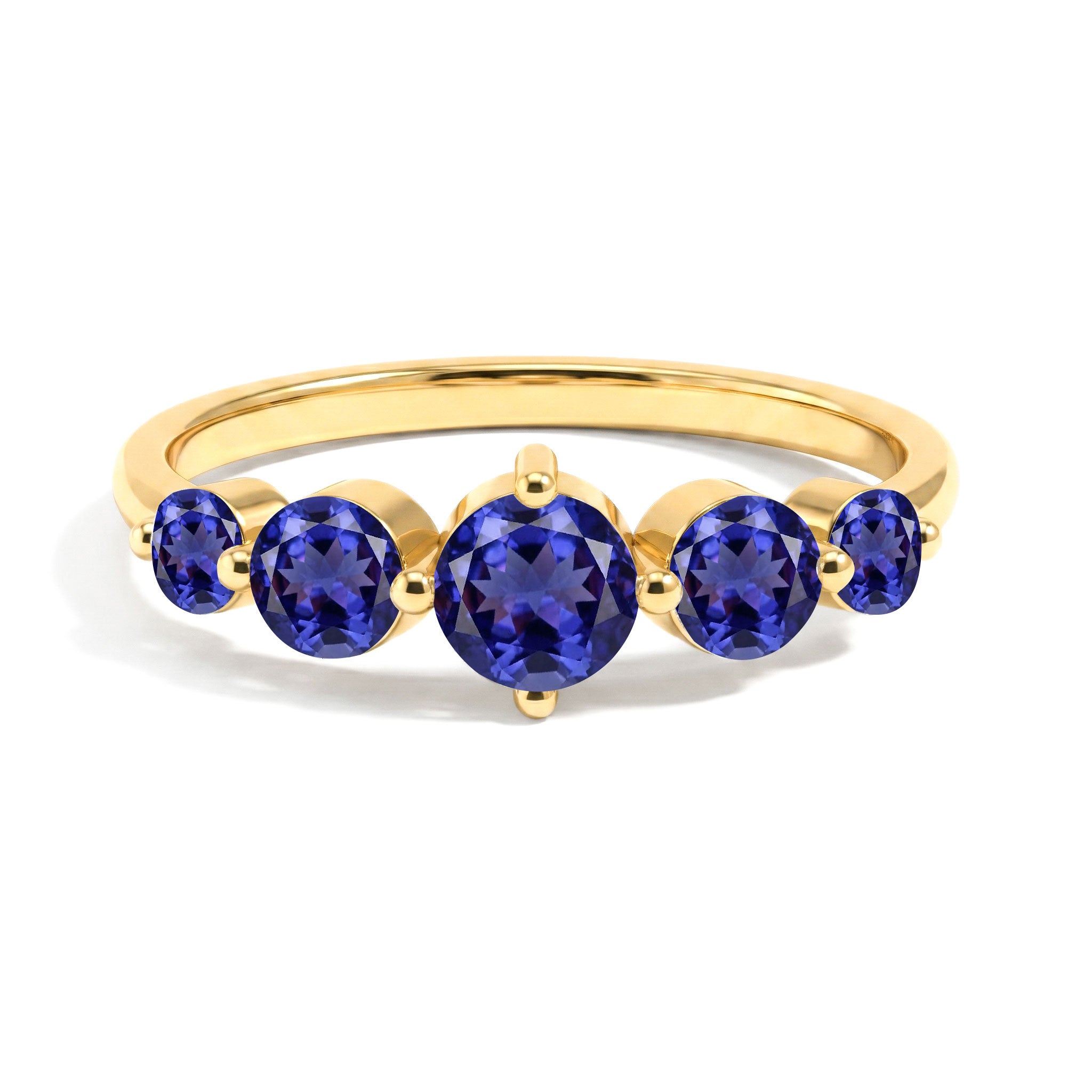 five stone tanzanite jewelry, sterling silver handcrafted ring, yellow gold filled luxury finish, polished gemstone setting, december birthstone jewelry, elegant women's gift, artisan gemstone craftsmanship, refined accessory, premium quality jewelry, violet gemstone sparkle, anniversary fashion jewelry, timeless sophistication, meaningful jewelry collection, handcrafted elegance, modern luxury