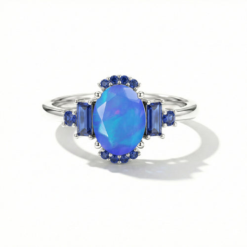 Blue Opal and Blue Sapphire Engagement Ring | Unique Gemstone Engagement Ring