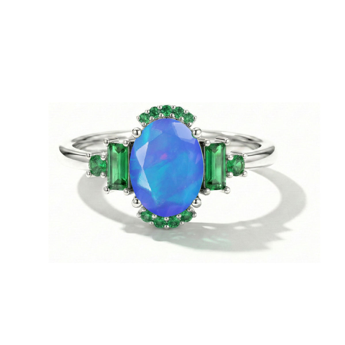 Blue opal and emerald engagement ring in 925 sterling silver with rose gold filled and yellow gold filled accents
