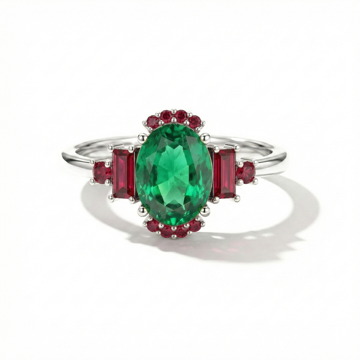 Emerald and ruby engagement ring in 925 sterling silver bridal jewelry for women