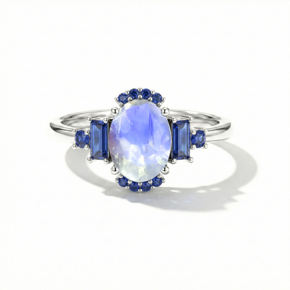 Moonstone and blue sapphire engagement ring in 925 sterling silver minimalist bridal jewelry for women