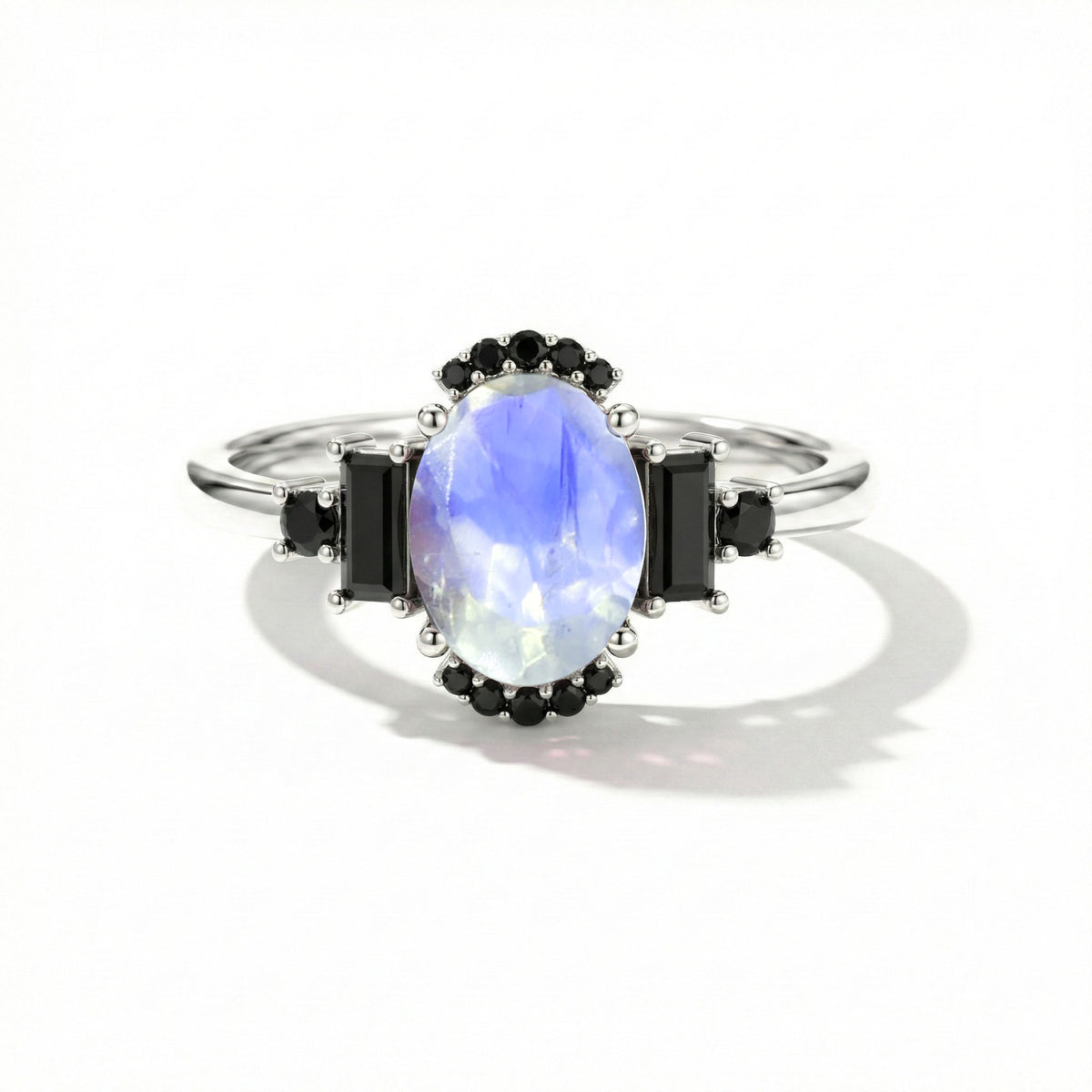 Moonstone and onyx engagement ring in 925 sterling silver minimalist bridal jewelry for women