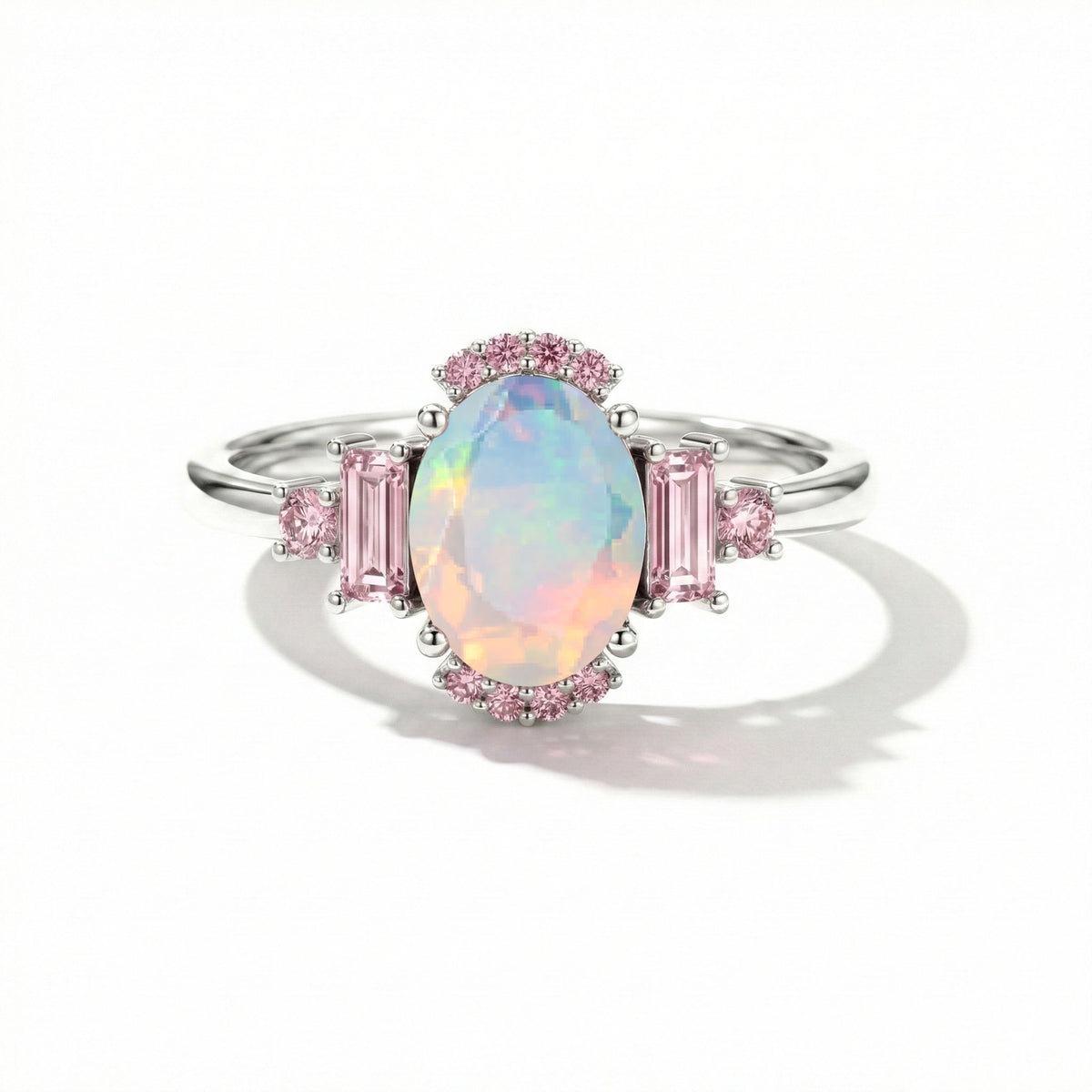 White opal and pink tourmaline engagement ring in 925 sterling silver bridal jewelry for women