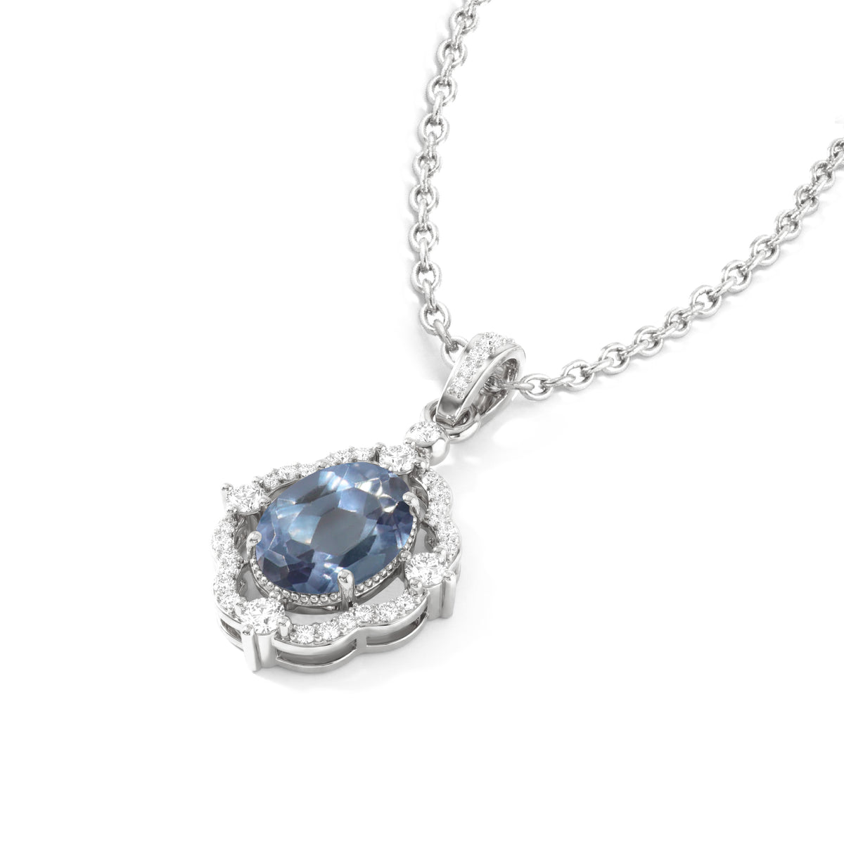 Alexandrite Oval Halo Pendant Necklace in 925 Sterling Silver 1.2ct