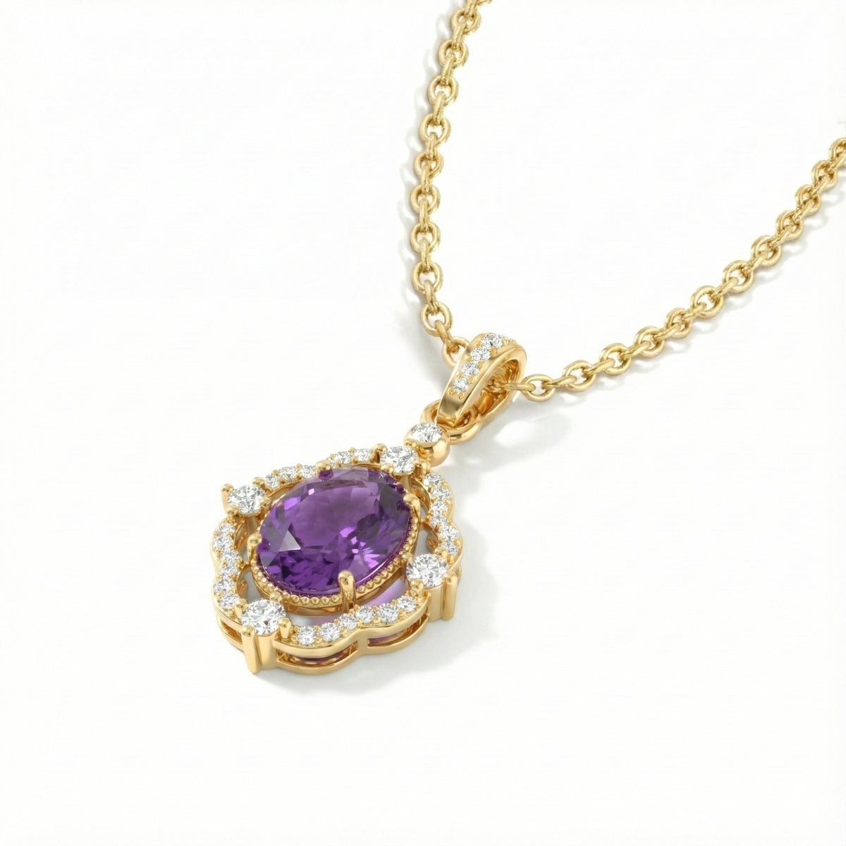 Amethyst Oval Halo Pendant Necklace in 925 Sterling Silver 1.2ct