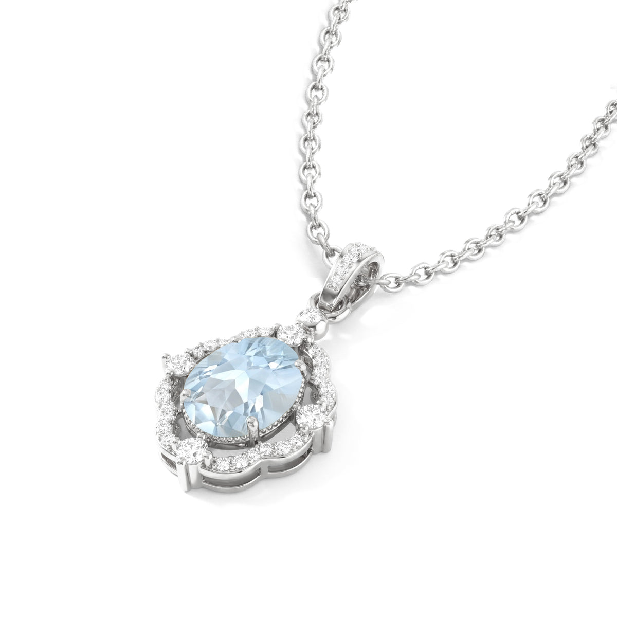 Aquamarine Oval Halo Pendant Necklace in 925 Sterling Silver 1.2ct