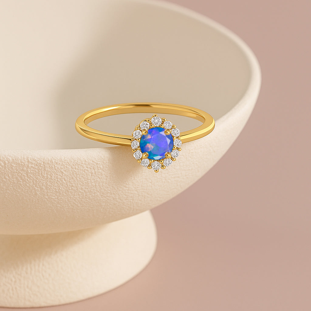 925 Sterling Silver & Yellow Gold Plated Blue Fire Opal Halo Wedding Ring