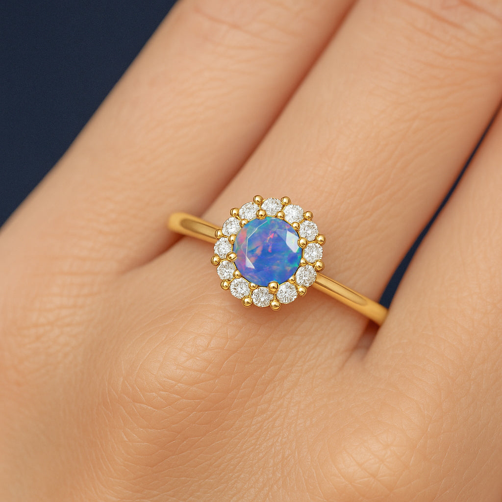 925 Sterling Silver & Yellow Gold Plated Blue Fire Opal Halo Wedding Ring