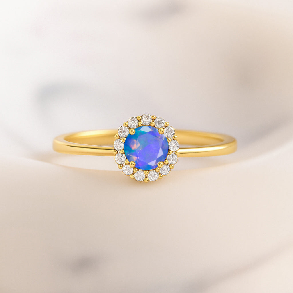 925 Sterling Silver & Yellow Gold Plated Blue Fire Opal Halo Wedding Ring