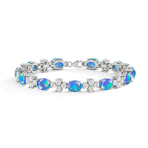Blue Opal Oval and Round Shape Tennis Bracelet in 925 Sterling Silver 8X6 MM 13.2ct