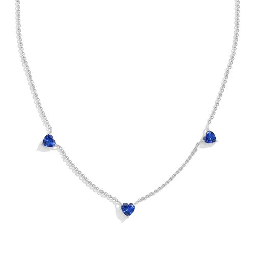 Blue Sapphire Three Stone Heart Necklace in 925 Sterling Silver