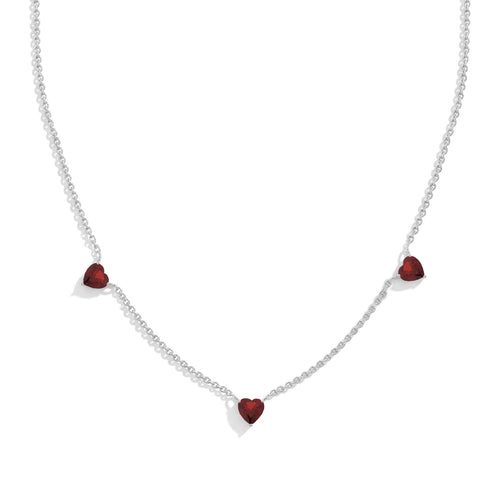 Natural Garnet Three Stone Heart Necklace in 925 Sterling Silver