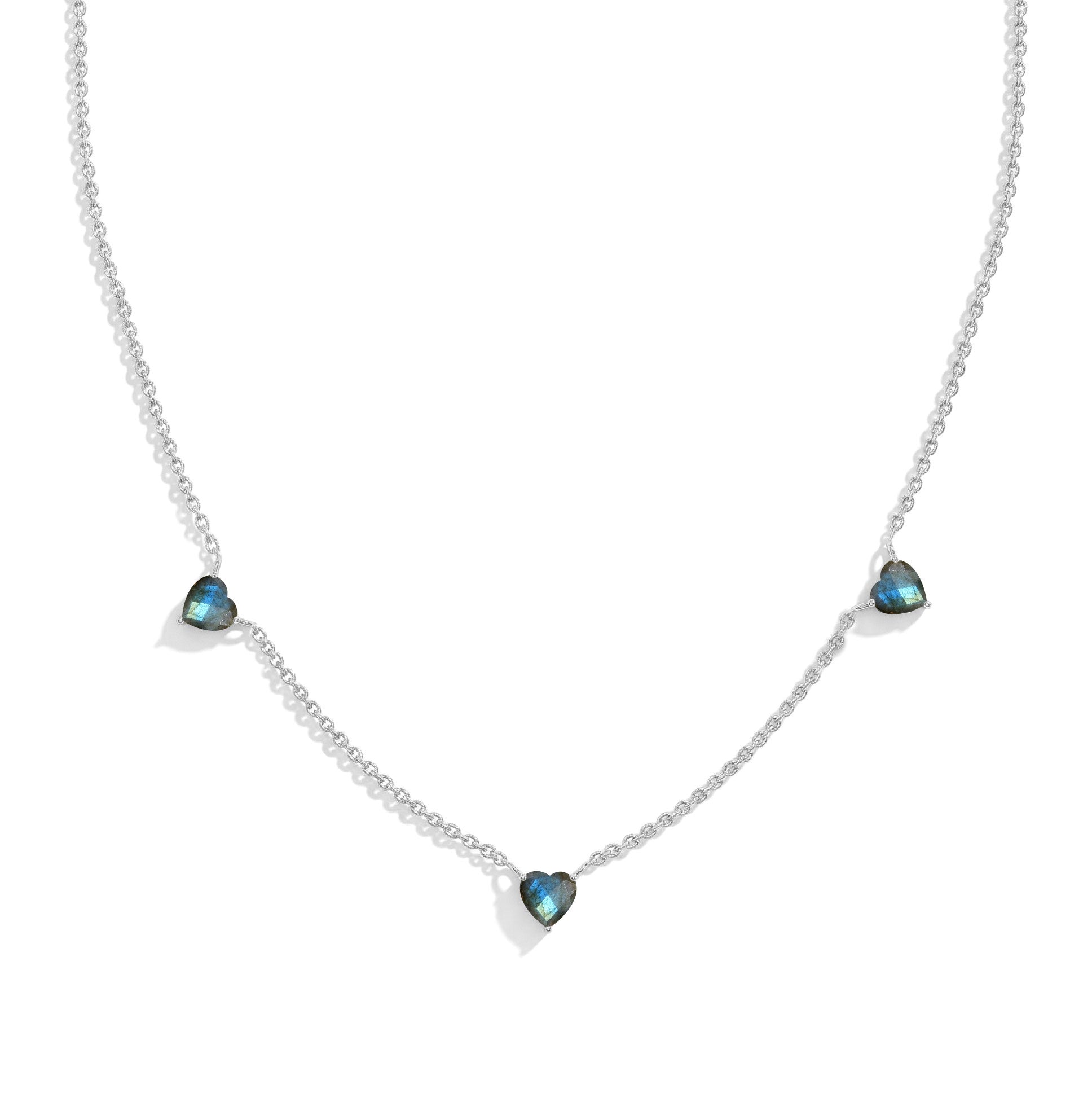 "AAA Grade Natural Labradorite Three Stone Heart Necklace in 925 Sterling Silver with genuine heart-cut gemstones.