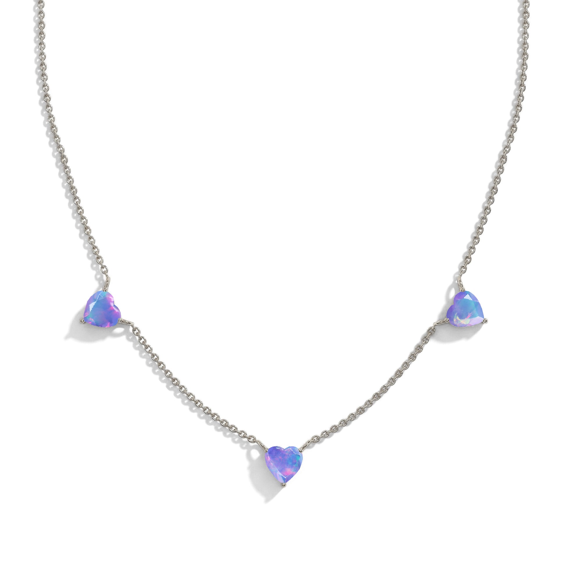 "AAA Grade Lavender Opal Three Stone Heart Necklace in 925 Sterling Silver with genuine heart-cut gemstones.
