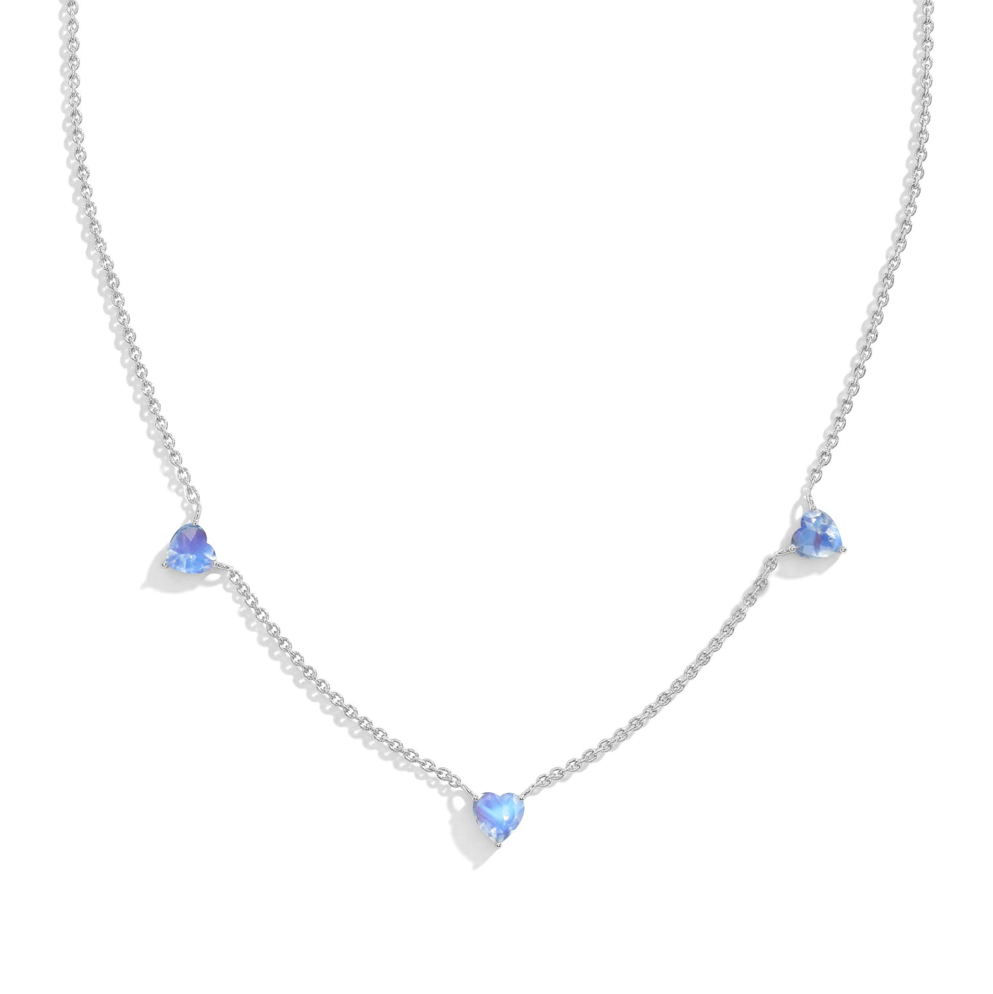 "AAA Grade Natural Moonstone Three Stone Heart Necklace in 925 Sterling Silver with genuine heart-cut gemstones.