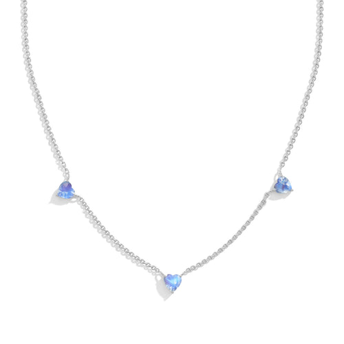 Natural Moonstone Three Stone Heart Necklace in 925 Sterling Silver
