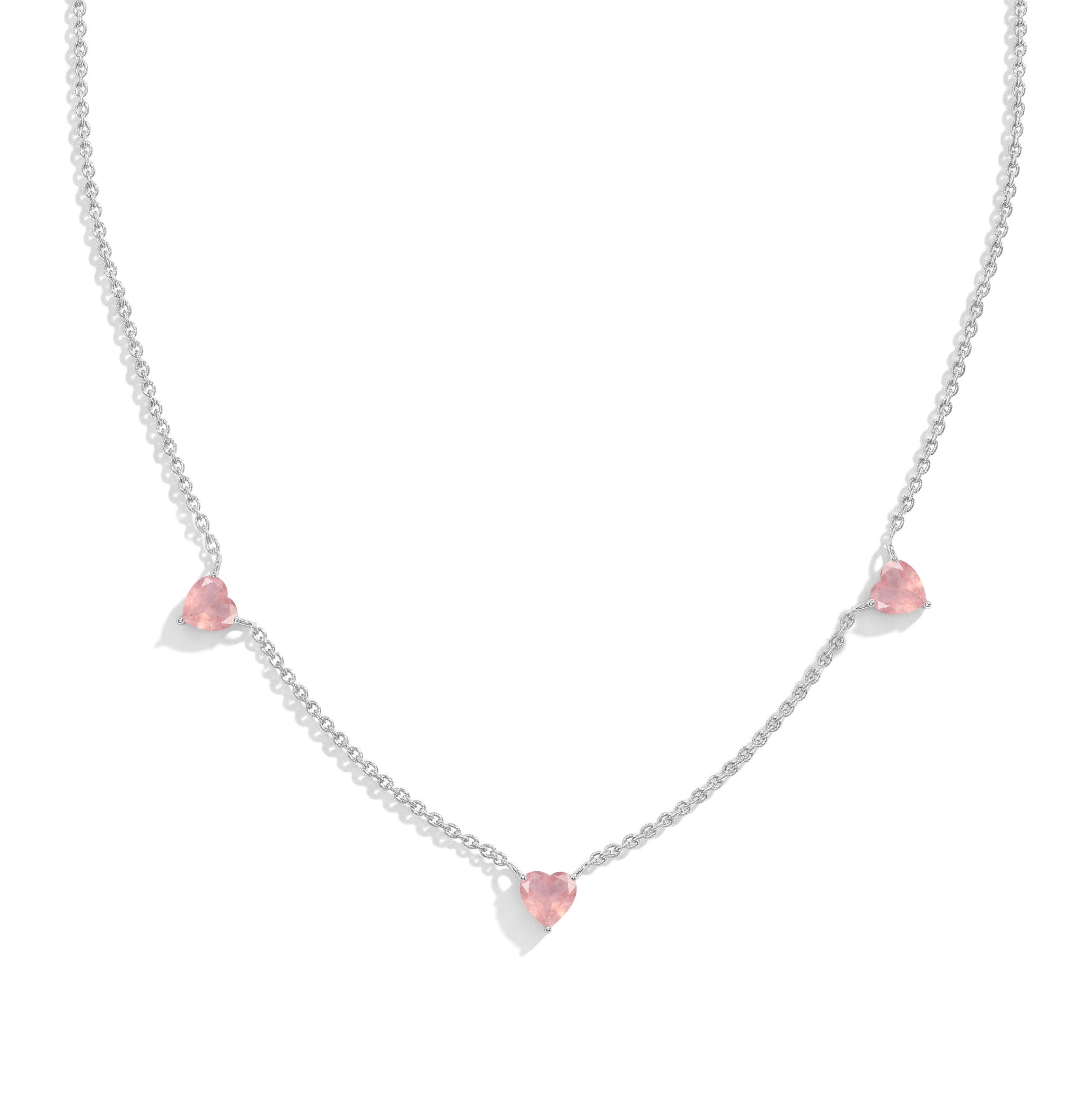 "AAA Grade Natural Rose Quartz Three Stone Heart Necklace in 925 Sterling Silver with genuine heart-cut gemstones.