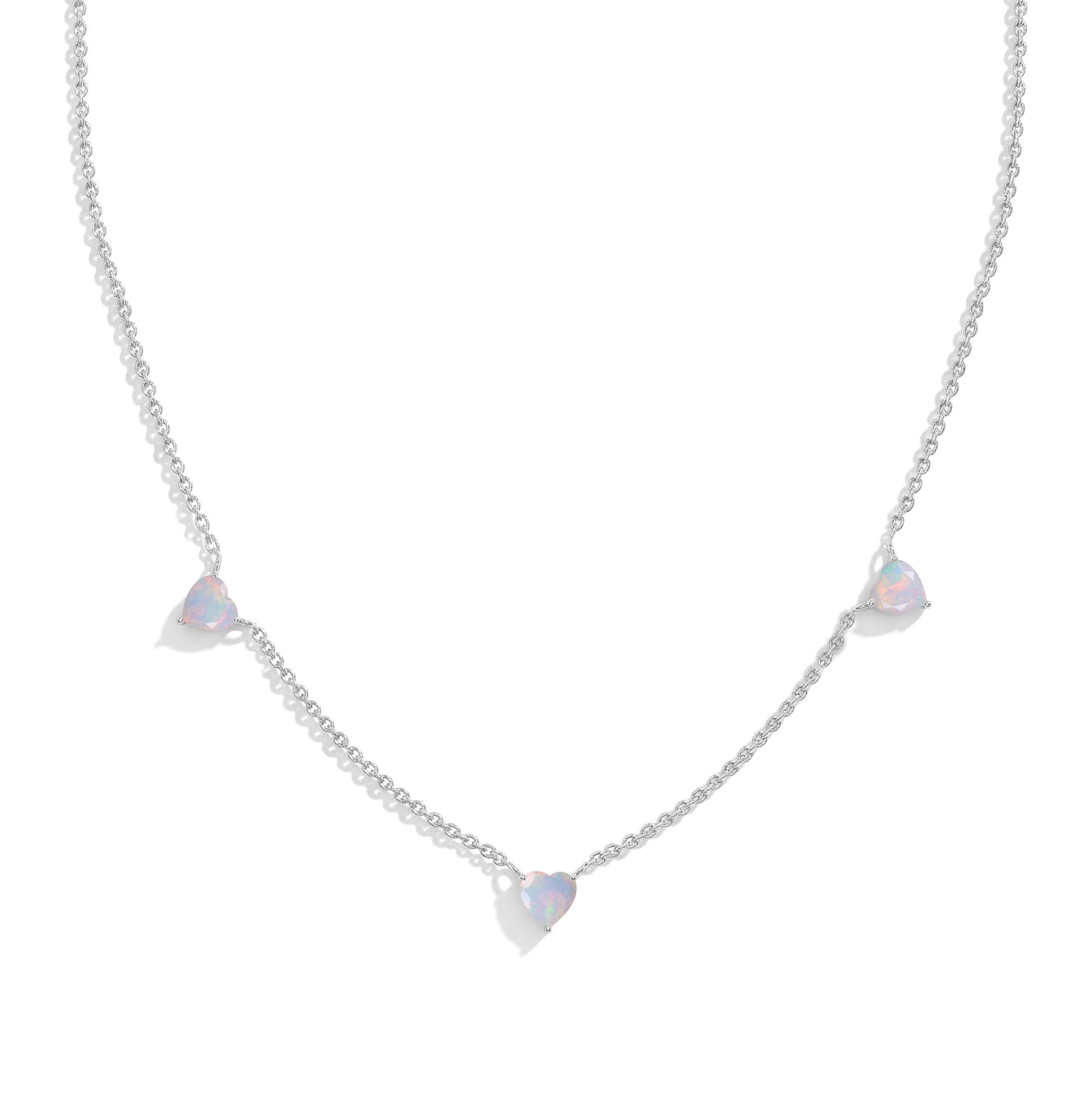 "AAA Grade Natural White Opal Three Stone Heart Necklace in 925 Sterling Silver with genuine heart-cut opals.