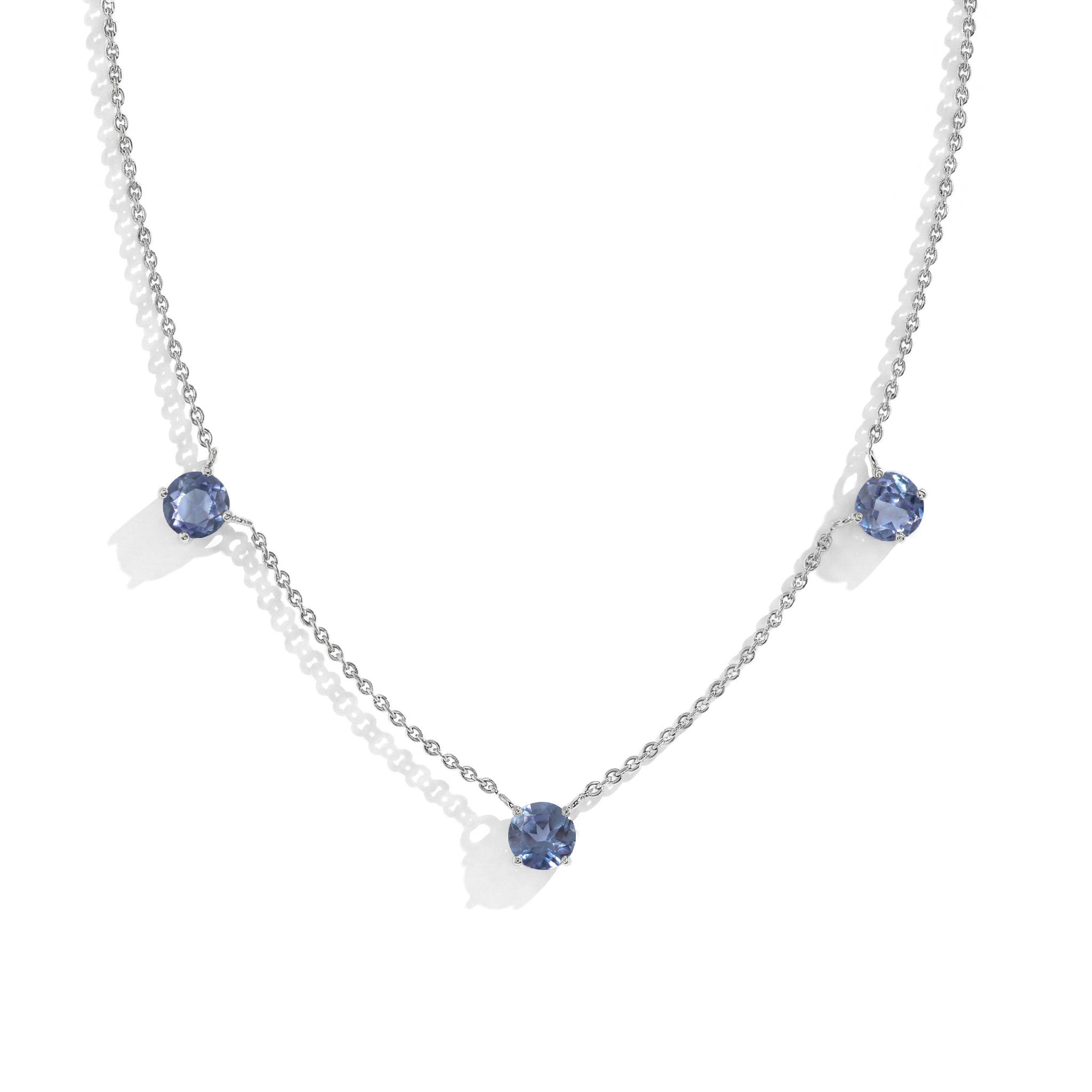 "Dainty Alexandrite necklace featuring three 5MM round gemstones in 925 Sterling Silver.