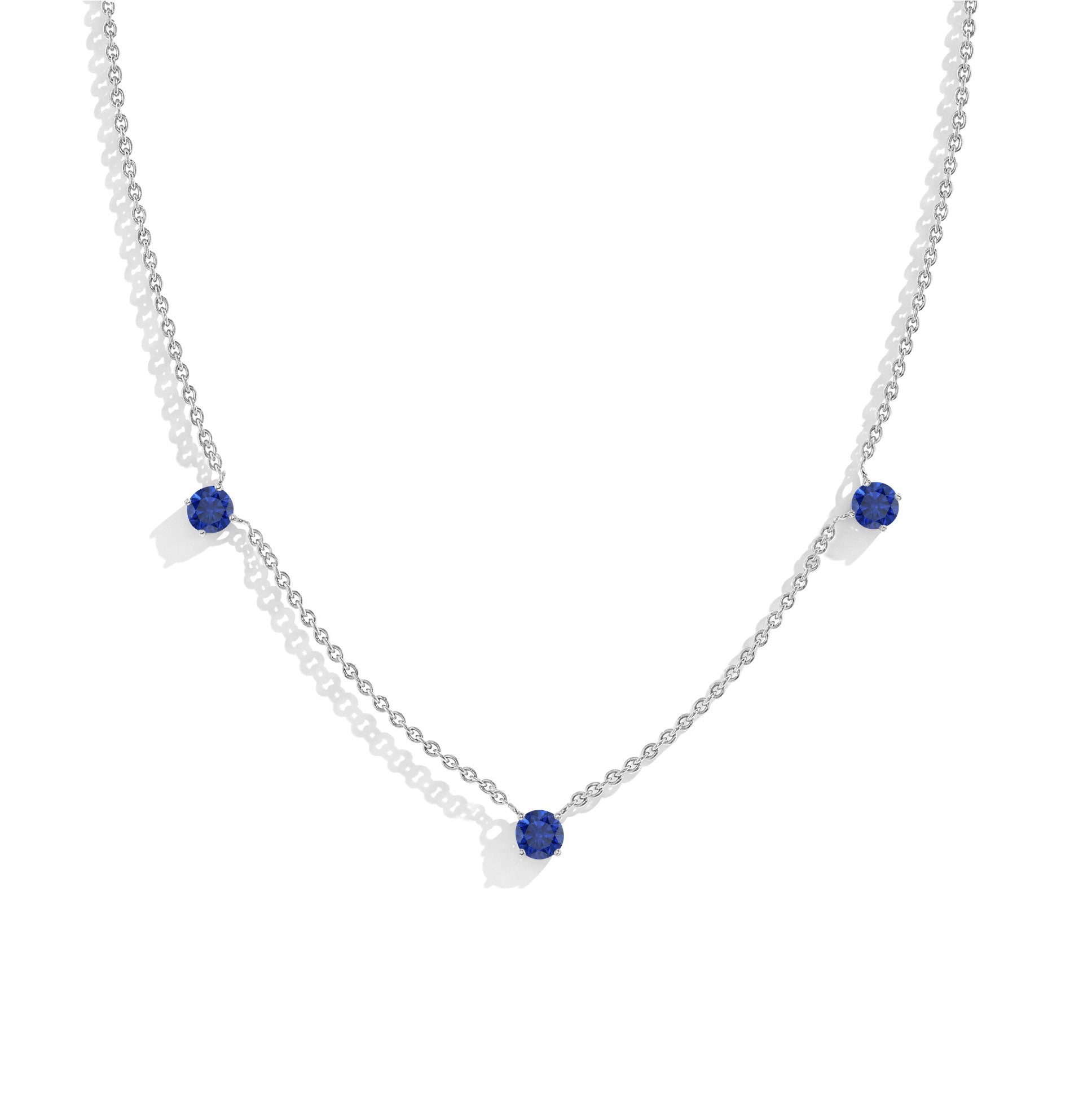 Dainty Blue Sapphire necklace featuring three 5MM round gemstones in 925 Sterling Silver.