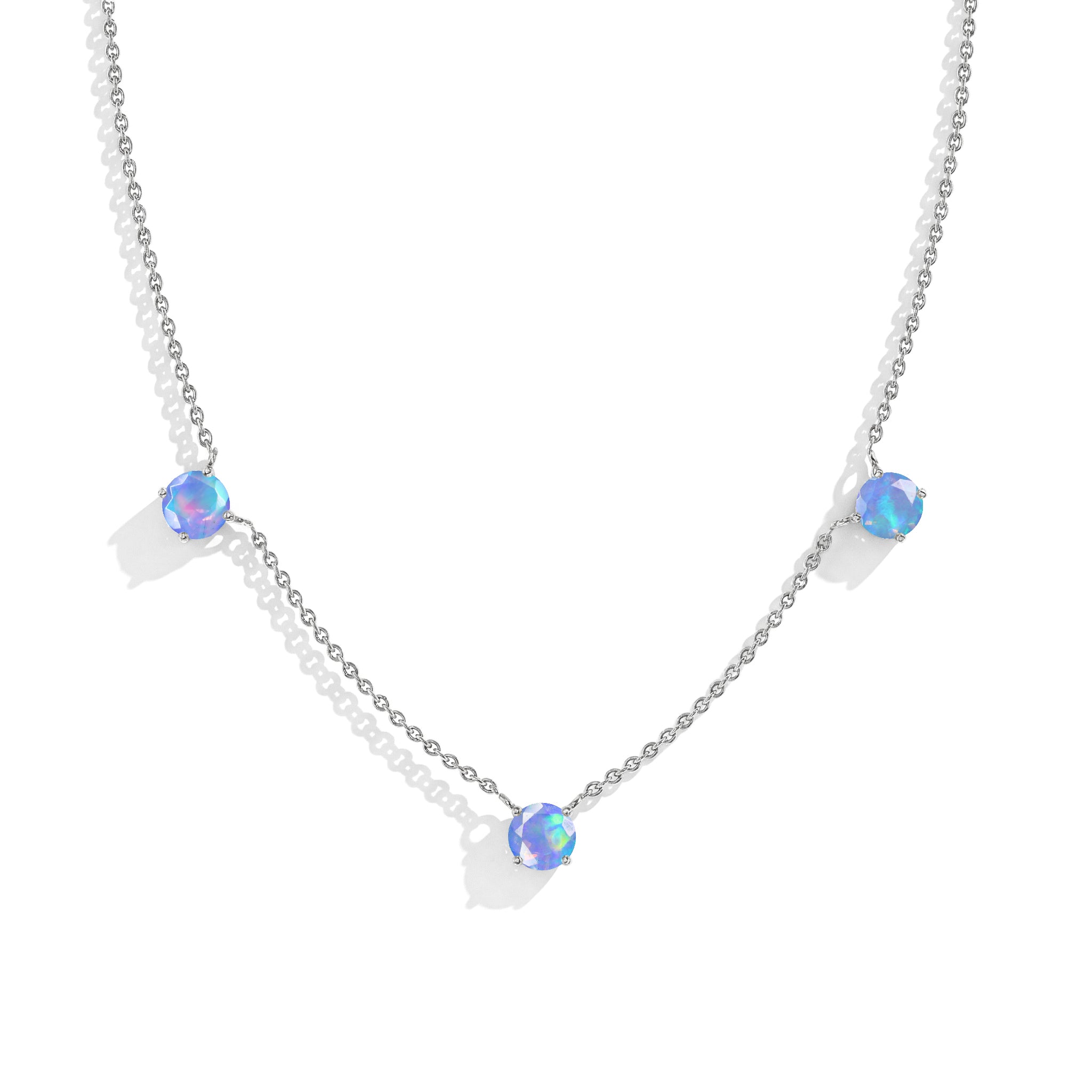 "Dainty Blue Opal necklace featuring three 5MM round gemstones in 925 Sterling Silver.