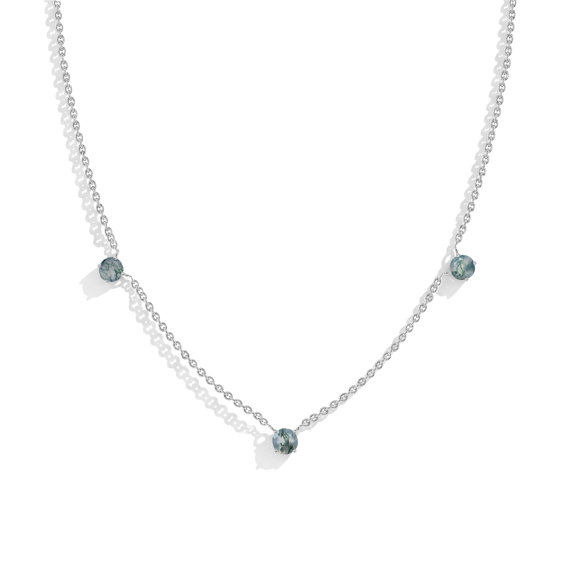 "Dainty Moss Agate necklace featuring three 5MM round gemstones in 925 Sterling Silver.