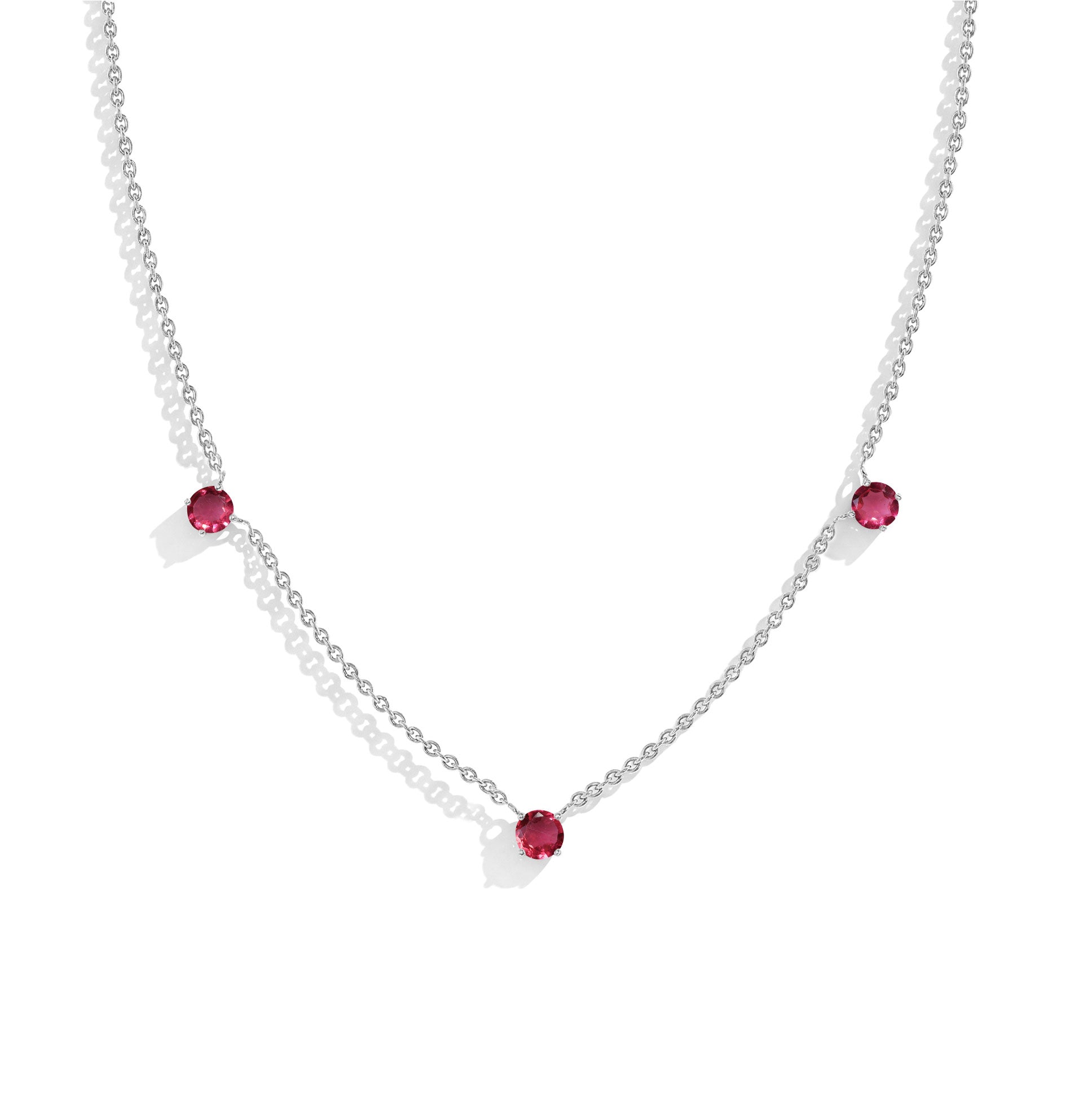 "Dainty Pink Tourmaline necklace featuring three 5MM round gemstones in 925 Sterling Silver.