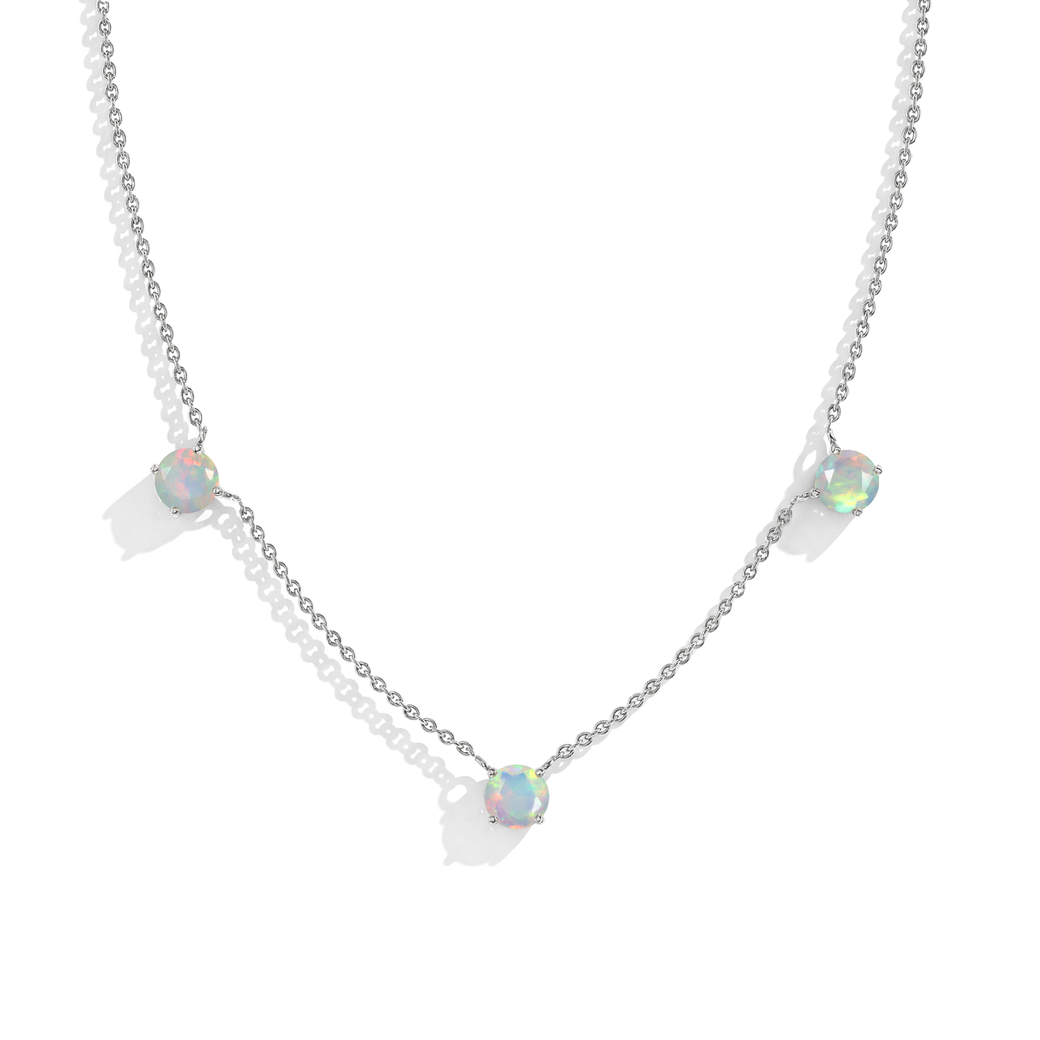 "Dainty White Opal necklace featuring three 5MM round gemstones in 925 Sterling Silver.