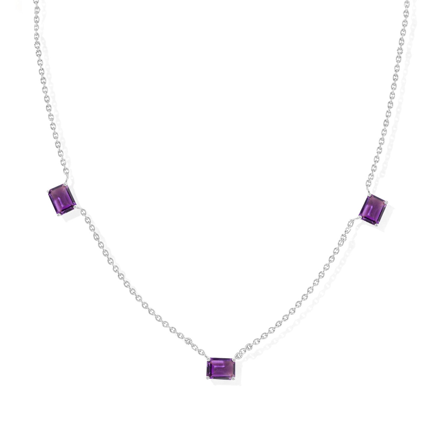 "AAA Grade Amethyst Three Stone Octagon Station Necklace in 925 Sterling Silver.