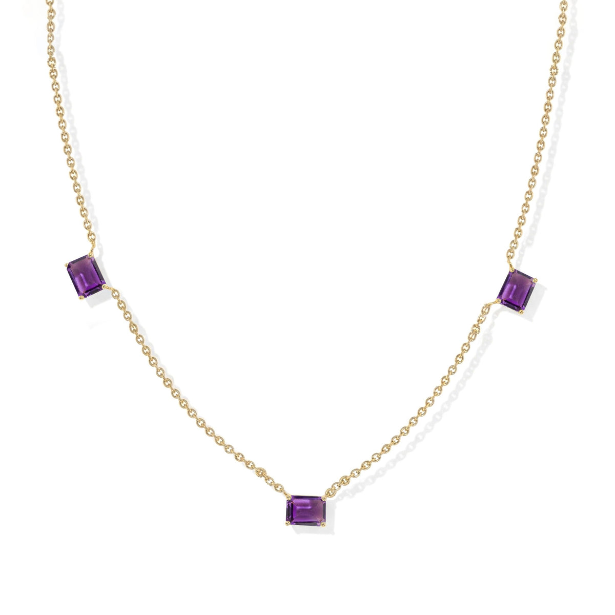 Genuine Amethyst station necklace featuring three 8x6mm octagon-cut gemstones.