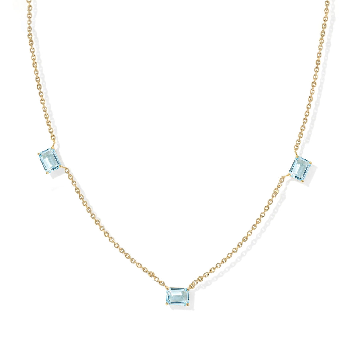 Genuine Aquamarine station necklace featuring three 8x6mm octagon-cut gemstones.