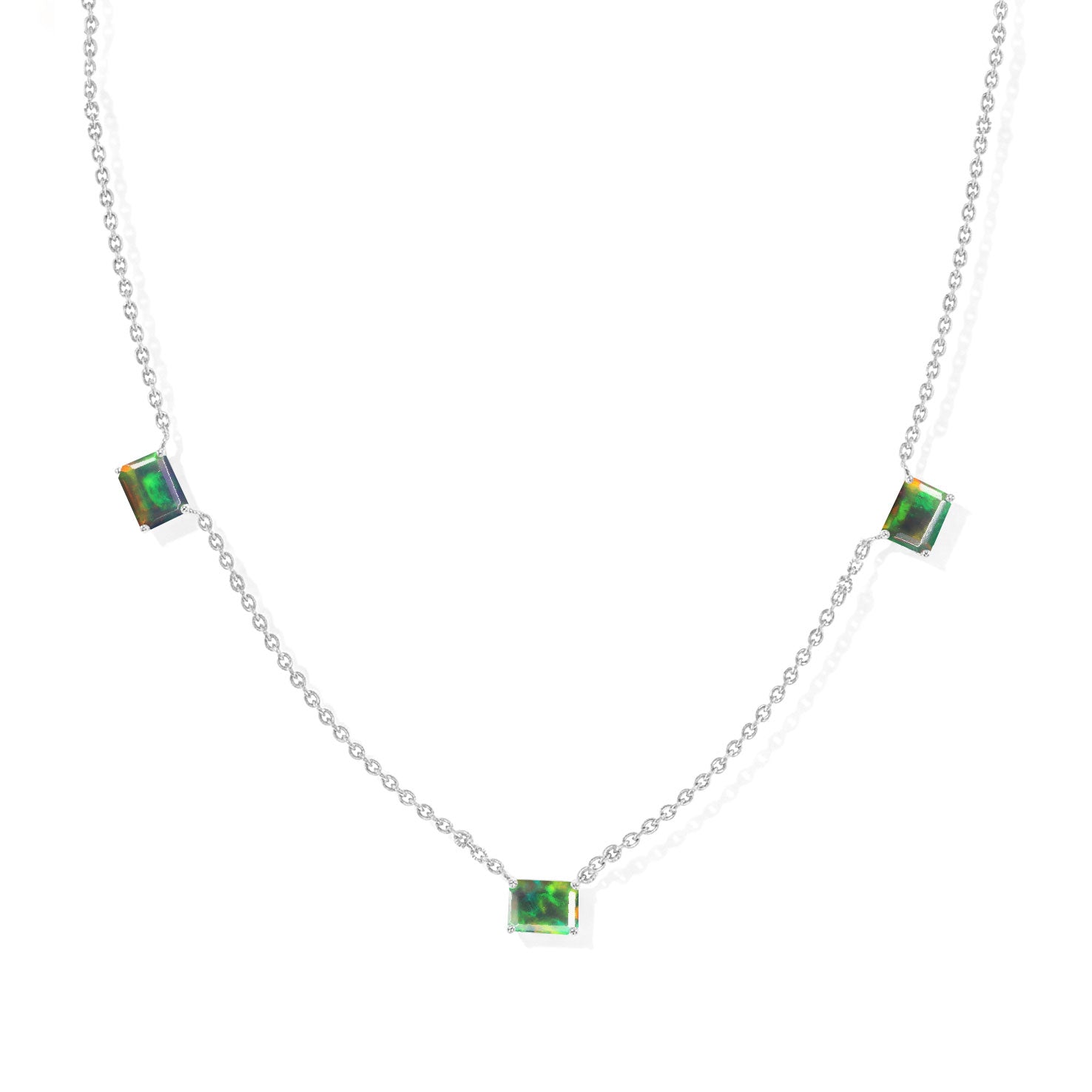 "AAA Black Opal Three Stone Octagon Station Necklace in 925 Sterling Silver.