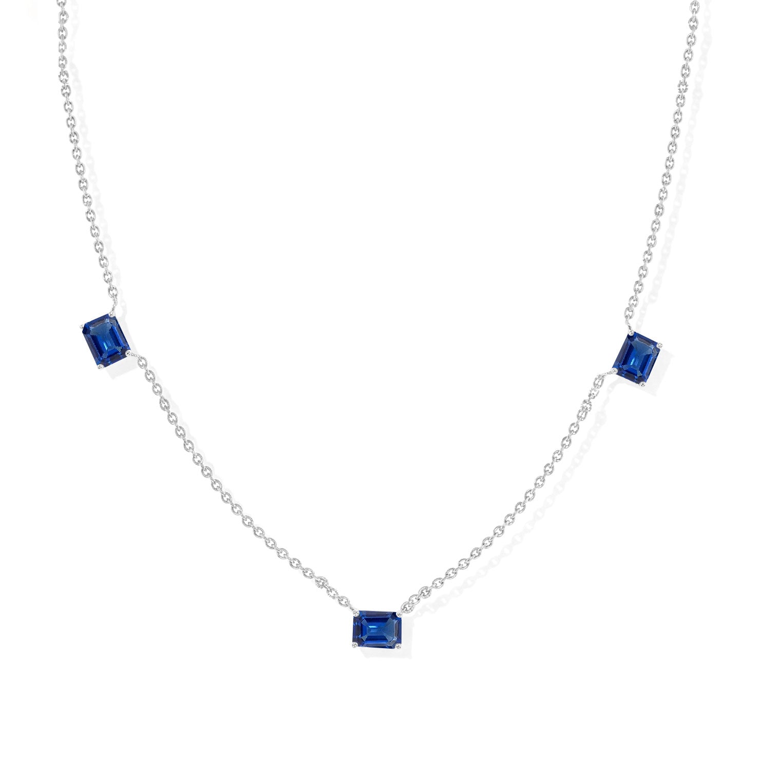 "AAA Blue Sapphire Three Stone Octagon Station Necklace in 925 Sterling Silver.
