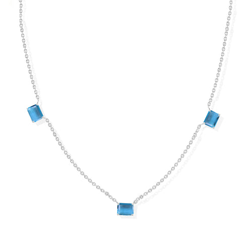 Natural Blue Topaz Three Stone Station Necklace in Yellow Gold Filled and Sterling Silver