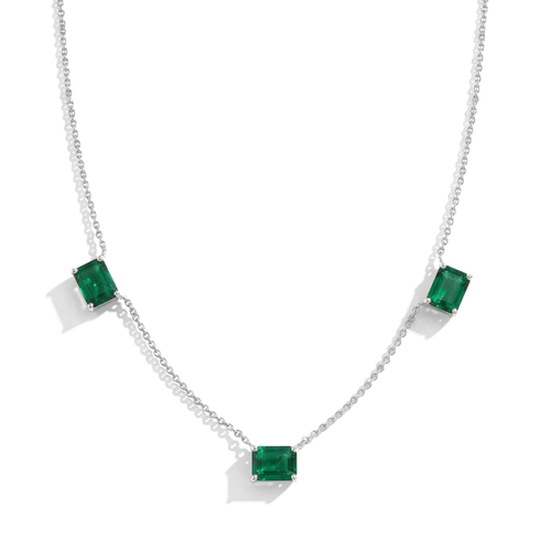 Emerald Three Stone Station Necklace in Yellow Gold Filled and 925 Sterling Silver