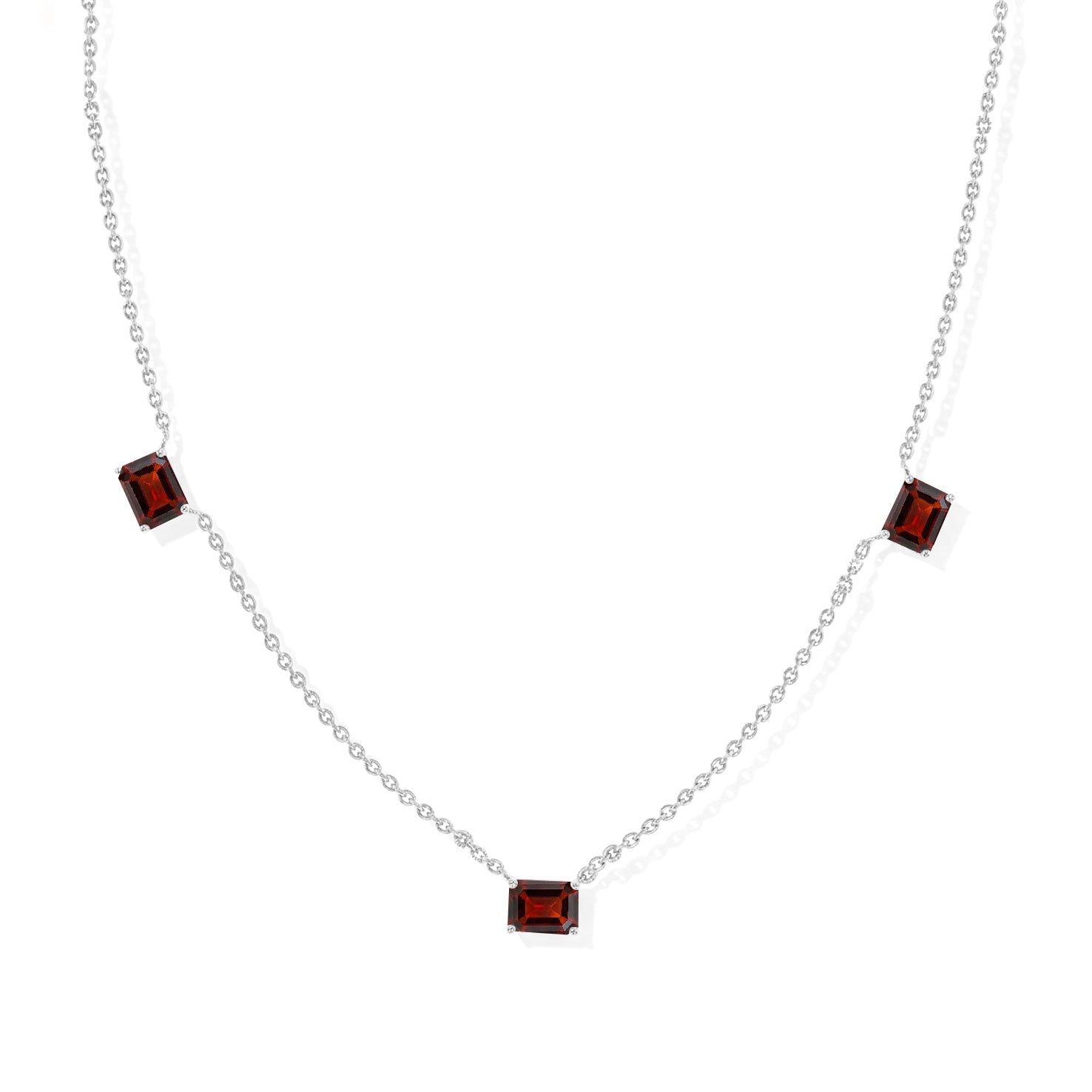 "AAA Garnet Three Stone Octagon Station Necklace in 925 Sterling Silver.