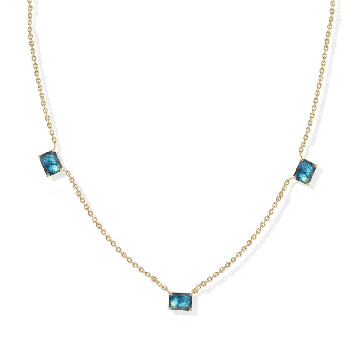 Three stone Labradorite necklace featuring vibrant blue and green flash.