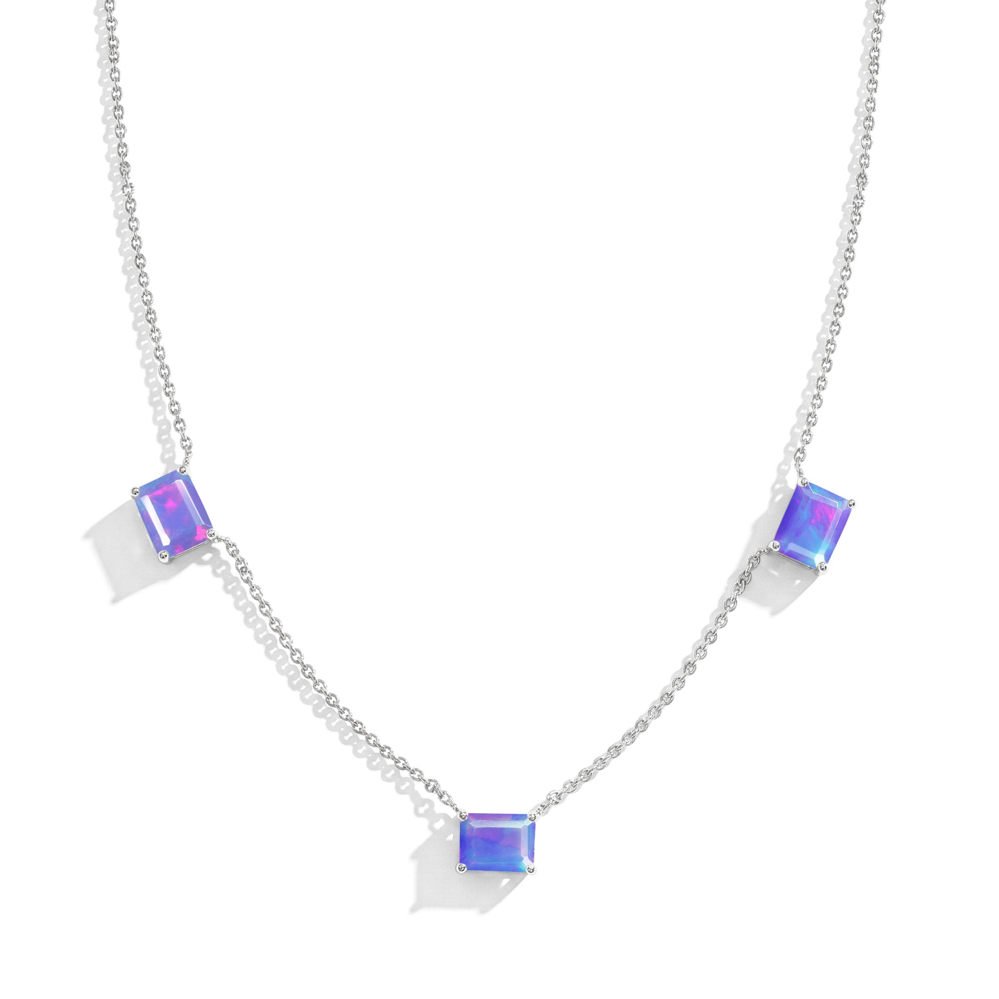 "AAA Natural Lavender Opal Three Stone Station Necklace in Sterling Silver.