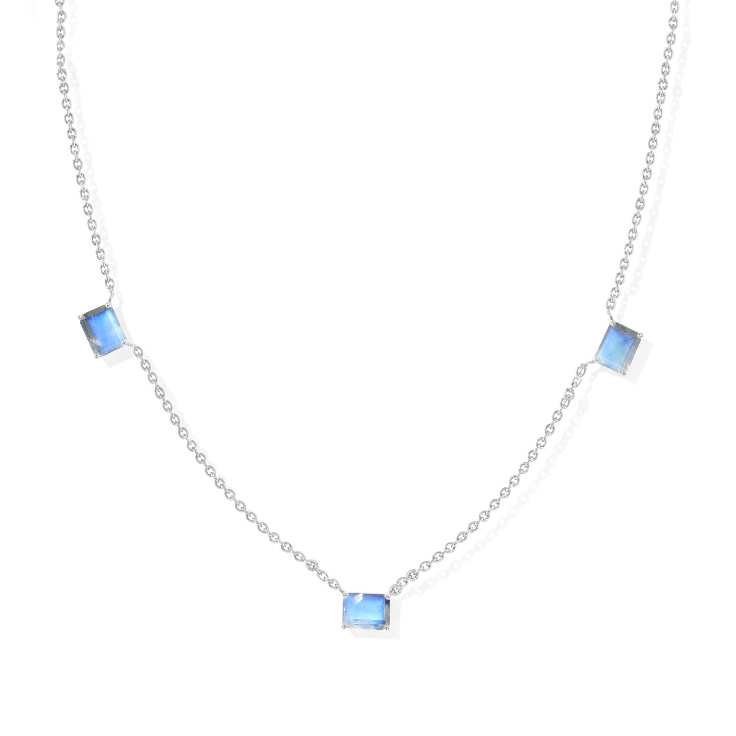 "AAA Moonstone Three Stone Octagon Station Necklace in 925 Sterling Silver.