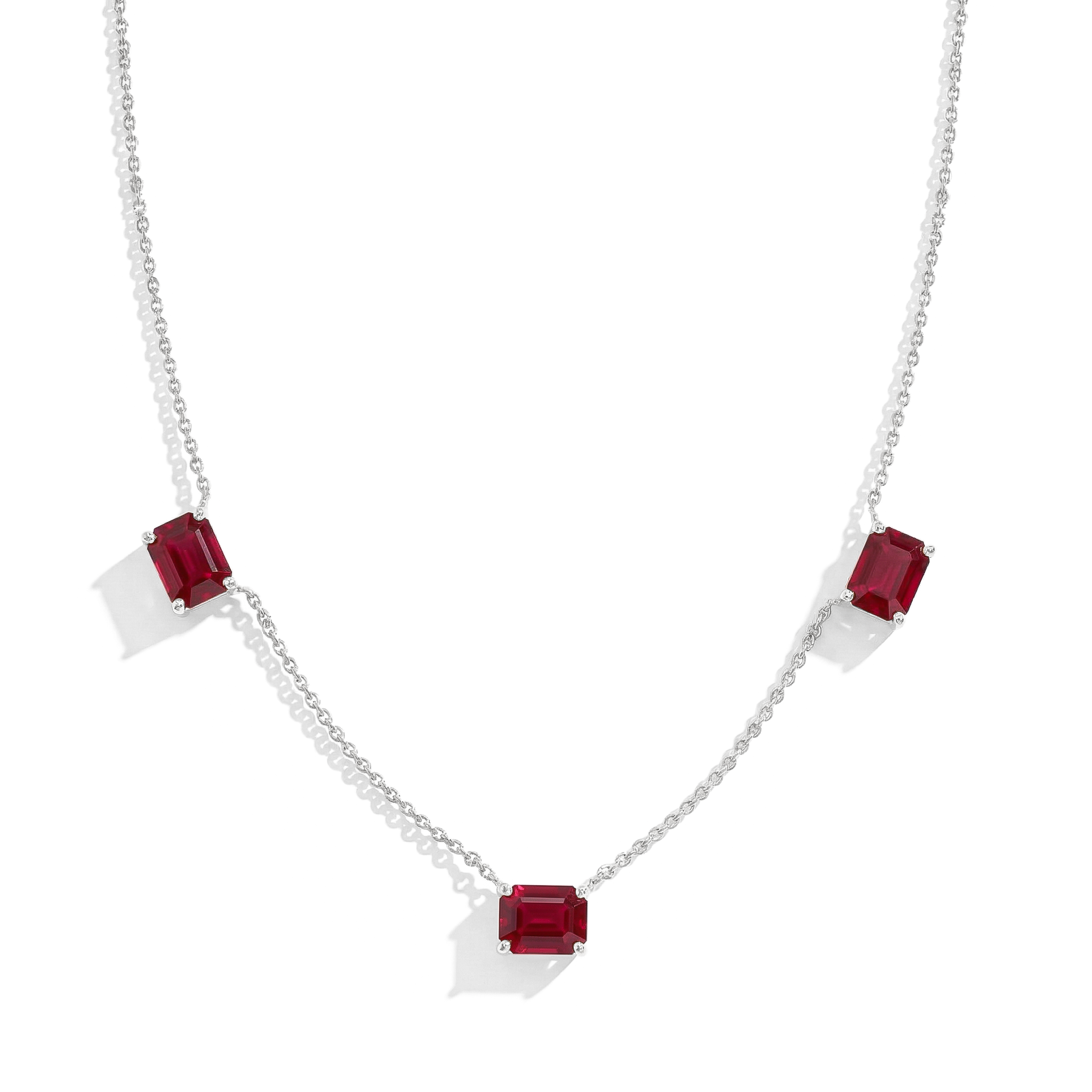 "AAA Ruby three stone octagon-cut gemstone necklace in 925 sterling silver
