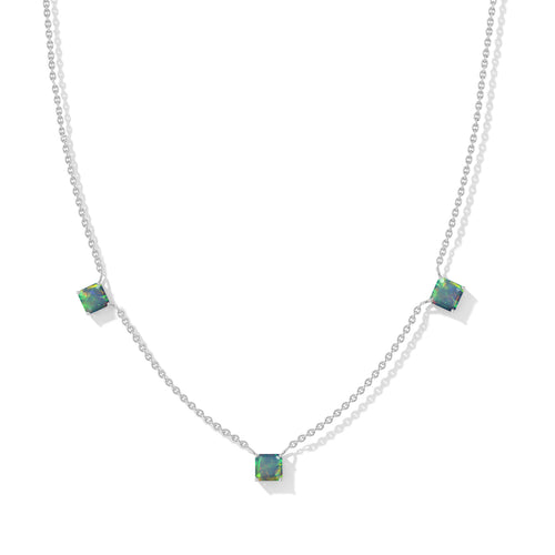 Natural Black Opal Asscher Cut Station Necklace in Sterling Silver