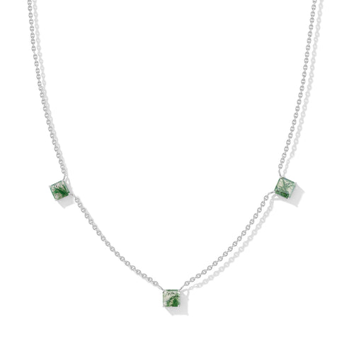 Moss Agate Three Stone Station Necklace in 925 Sterling Silver