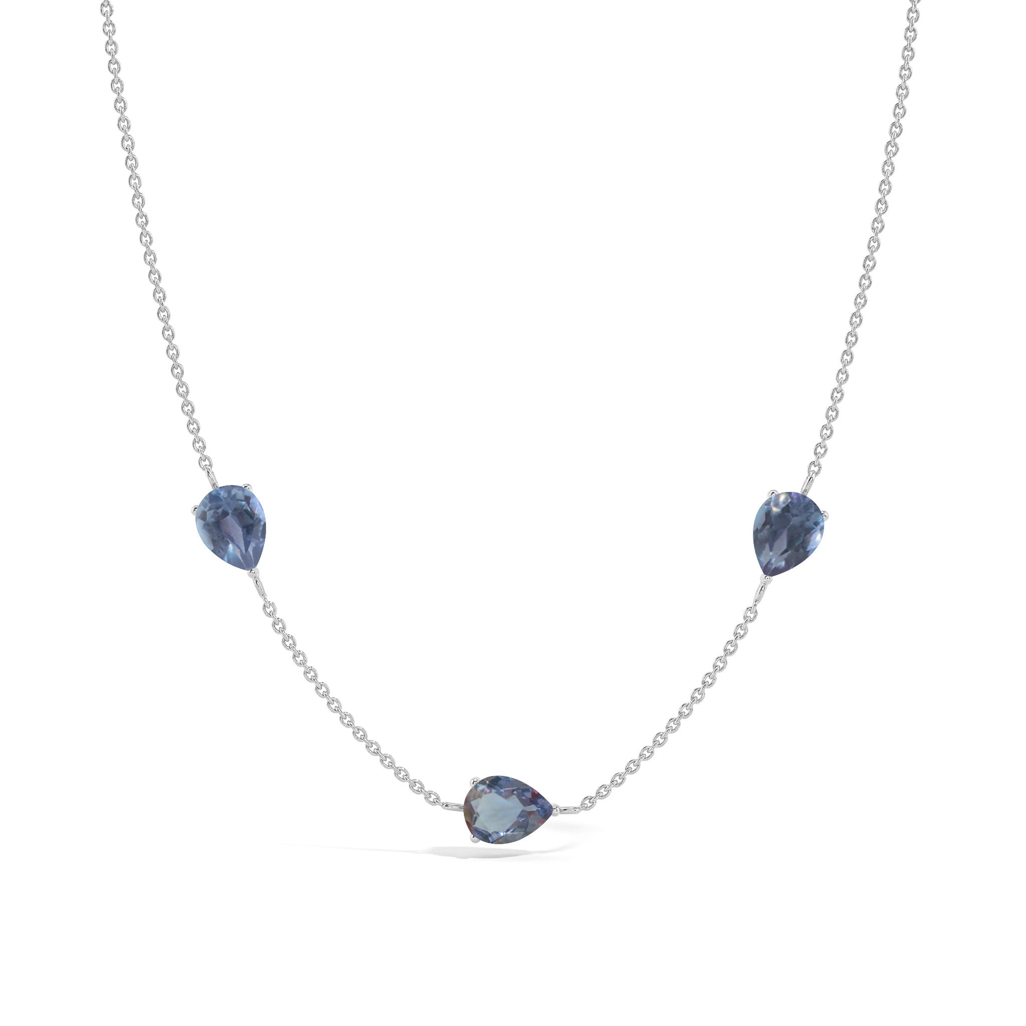 "Genuine Alexandrite three stone pear necklace in yellow gold filled sterling silver.