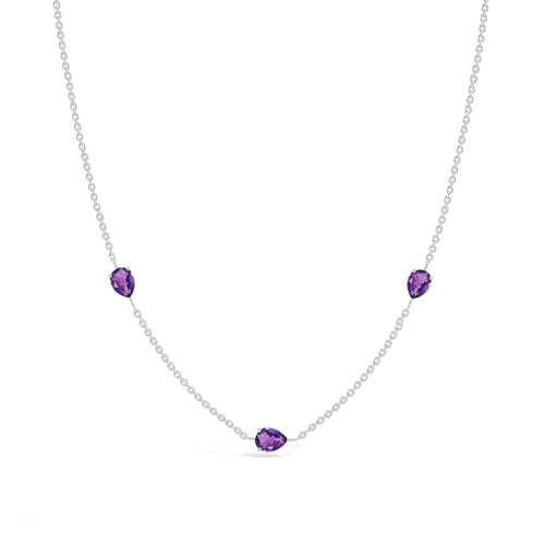 Genuine Amethyst Three Stone Pear Necklace in 925 Sterling Silver
