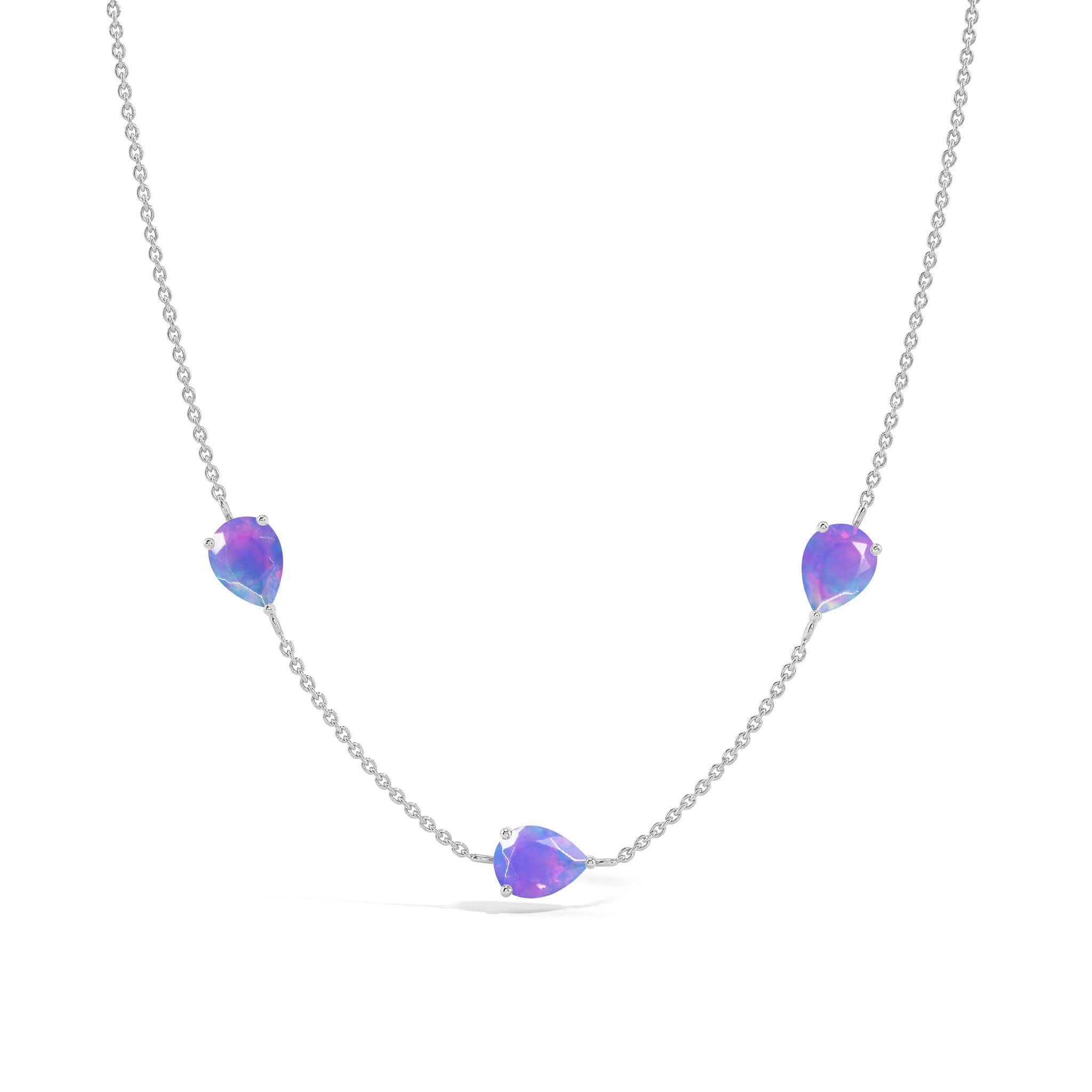 "Genuine Lavender Opal three stone pear necklace in yellow gold filled sterling silver